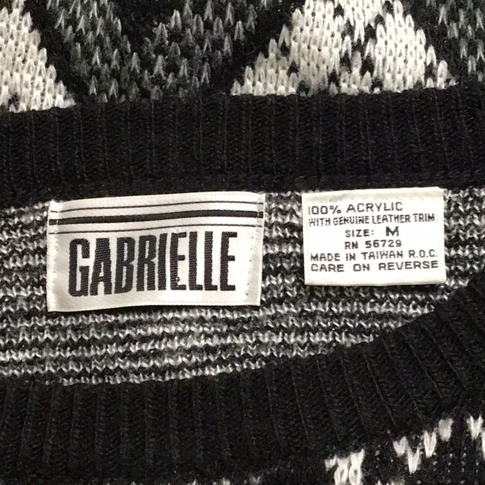 Gabrielle Sweater Sz M Abstract Vintage Long Sleeves with Genuine Leather Trim - Picture 3 of 5